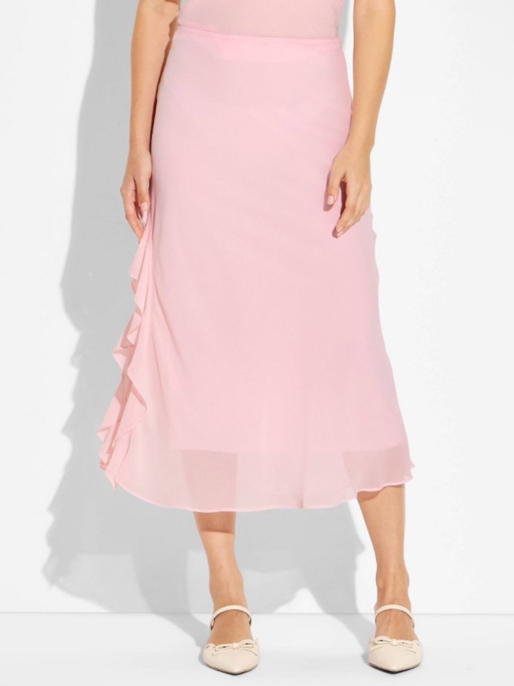 Woman's Light Pink Chiffon Ruffle Side-Slit Midi Skirt